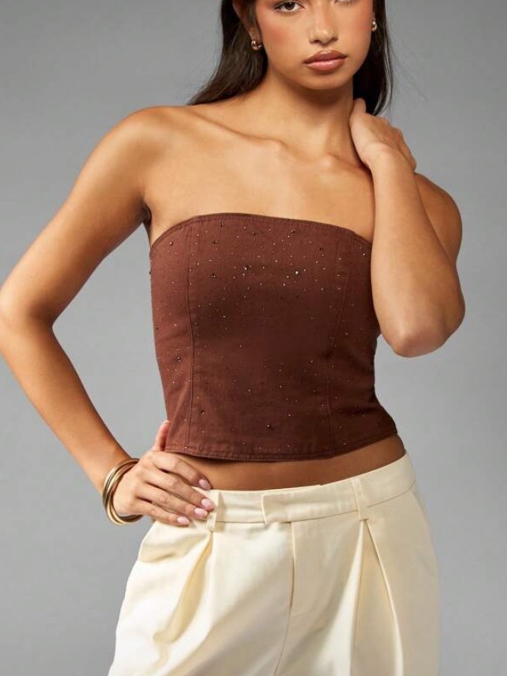 Missguided Brown Crystal-Embellished Strapless Bandeau Crop Top